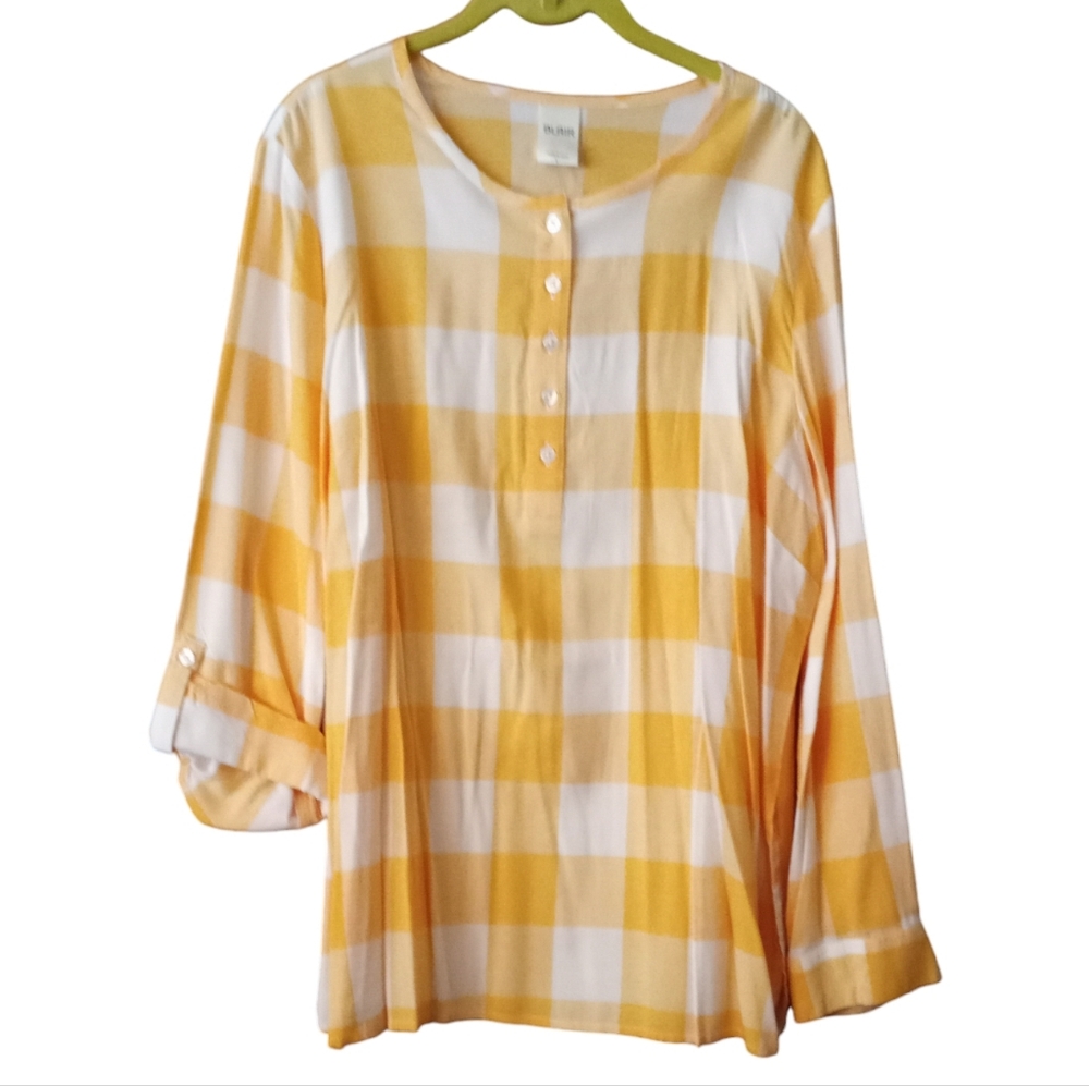 Blair Top Yellow White Buffalo Check Pullover Shirt Roll Tab Sleeves Large 16/18